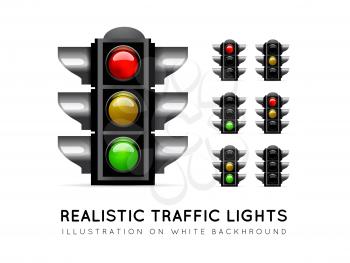 Realistic traffic light on a white background, in various color variations. Stoplight vector illustration