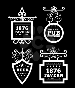 Tavern sign, metal frame with curly elements. Vector illustration on black background