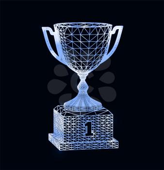 Winning award cup with polygonal grid on dark background. Vector illustration