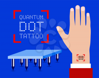 Quantum dot tattoo. Methodology for tracking patient vaccination history. Vector illustration with hand and tattoo example.Headline Quantum dot tattoo. Methodology for tracking patient vaccination history. Vector illustration with hand and tattoo example.