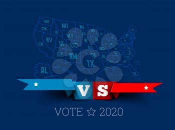 Presidential elections in the United States. Donald Trump vs. Joe Biden with map of America. Vector illustration on dark blue background