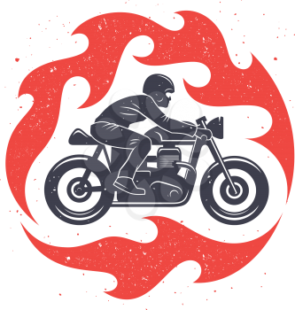 Vector illustration with a motorcycle rider and spurts of flame / Cafe Racer graphic Tee / T-shirt print design