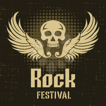 Rock Festival poster template in vintage style with a skull and wings