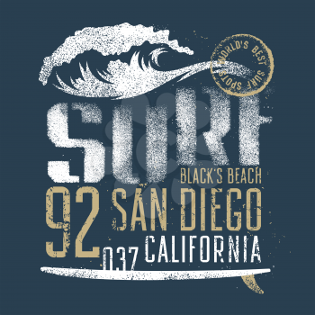 Surfing artwork. Black's beach San Diego California. T-shirt apparel print graphics. Original graphic Tee