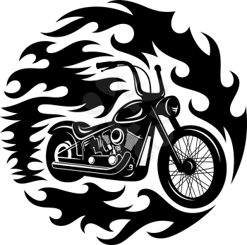 Classic chopper motorcycle with spurts of flame. T-shirt print graphics
