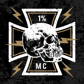 Vector hand drawn illustration with Maltese cross with a skull. Biker symbol. Motorcycle club T shirt graphics concept. Grunge texture on separate layer