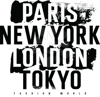 Cities of Fashion typography for T-shirt graphics, posters and prints. Inscriptions 'Paris, London, New York,Tokyo, fashion world' with grunge design elements. Vectors