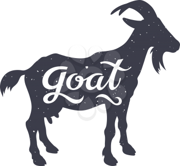 Grunge textured Goat silhouette with a calligraphic inscription Goat. Vector illustration