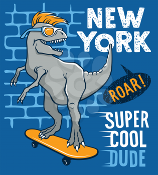 Dinosaur riding on skateboard. Vector illustration of a funny tyrannosaur with sunglasses. Skateboard typography for t-shirt. Athletic Tee graphics for kids