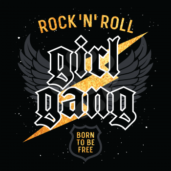 Rock and Roll Girl Gang graphic design for t-shirt, Fashion slogan typography, Tee graphics for girls, Rock style vector illustration with eagle wings and gold lighting