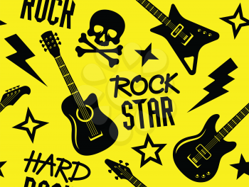 Trendy musical seamless pattern with guitars, skull and crossbones and other rock music symbols. Seamless rock music background