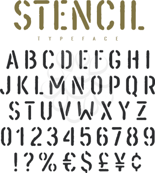Stencil alphabet with grunge texture effect. Rough imprint stencil-plate font in military style. Vectors