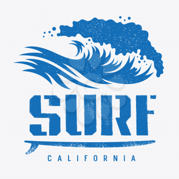 Surfing California t shirt design, vintage illustration with an ocean wave and a surfboard. Surf typography. Tee graphics
