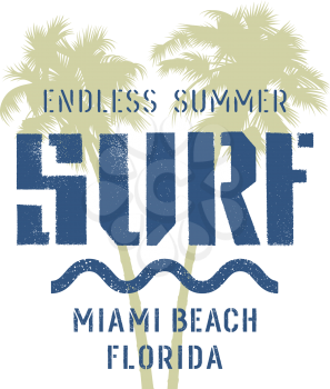 Surfing artwork. Miami Beach Florida t-shirt apparel graphic design. Vintage graphic Tee