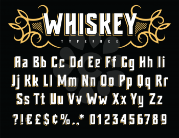 Vector alphabet in vintage style. Old whiskey label font. Uppercase, lowercase letters and numbers