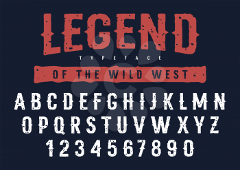 Rough stamp typeface in Wild West style. Grunge textured font. Vector handmade alphabet. Uppercase letters and numbers. Vectors