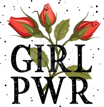 Girl power t-shirt design, slogan typography with red roses, embroidery patch. Female  Graphic Tee. Vectors