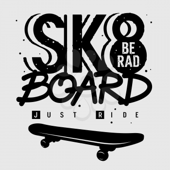 Skateboard handmade lettering for t shirt design. T-shirt print on the theme of skateboarding. Vector illustration with sports typography and a skateboard silhouette