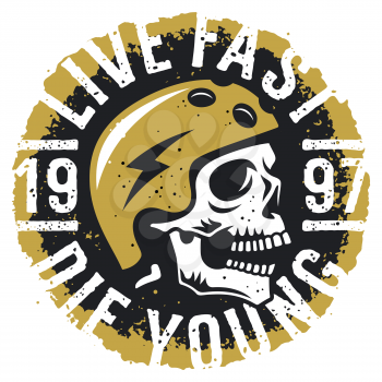 Skull in skateboard helmet and slogan typography. T-shirt print design on the topic of skateboarding . Vector illustration with grunge texture