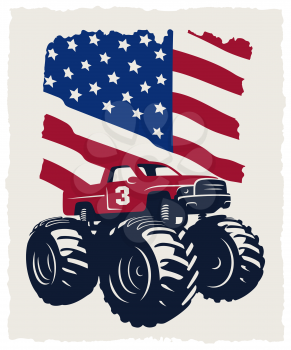 Monster Truck and USA flag. Vintage Vector illustration with grunge texture