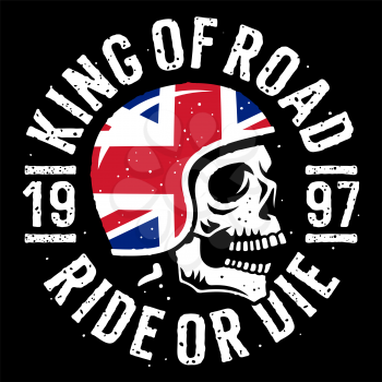 Skull in motorcycle helmet, flag of the United Kingdom and slogan typography for t shirt design. T-shirt print graphics on the theme of motorcycle