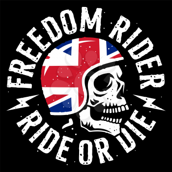 Skull in motorcycle helmet, flag of the United Kingdom and slogan typography for t shirt design. T-shirt print graphics on the theme of motorcycle