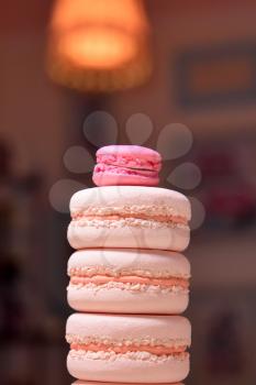 Tower of macaroons close-up at a coffee house.