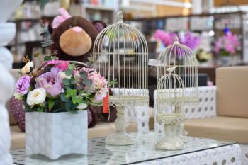 Beautiful decorative birdcages on the table close up