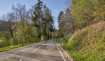 Spring landscape with a road between trees, sunny day and blue sky in the German forest Schwarzwa