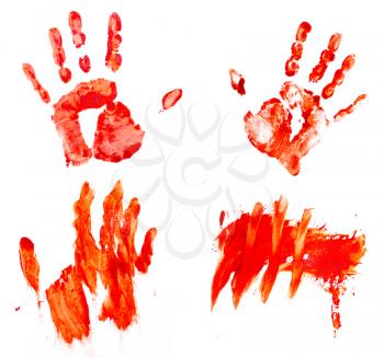 Prints of bloodied hands on a white background