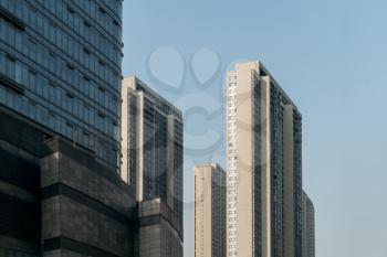 Downtown buildings with blue sky background. Photo in Suzhou, China.