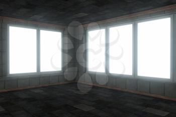 Empty brick house with dark background,3d rendering. Computer digital drawing.