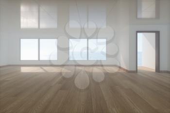 The empty room with wooden floor. Out of the window is the sea. 3d rendering. Computer digital drawing.