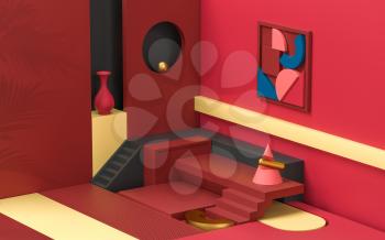 Room filled with creative geometrical shapes, 3d rendering. Computer digital drawing.