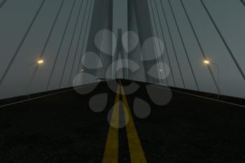 Asphalt road on the suspension bridge at night, 3d rendering. Computer digital drawing.