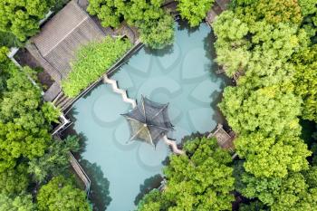 Aerial of Ancient traditional garden, aerial in Suzhou, China.