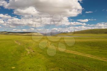 Grassland with blue sky and white clouds. Shot in xinjiang, China.