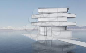 The modern concept architecture on the water, 3d rendering. Computer digital drawing.