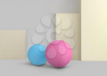 3D Geometric Studio Scene Design with Abstract Spheres and Boxes Form,  Minimalistic Concept Composition. Vector Illustration/Visualization/Render of 3d Graphic Design – Vector