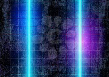 Neon Glow Lights, Futuristic 80s Background with Abstract Blue Electric Lines on the Concrete Grunge Wall, Conceptual Cyberpunk Style. Eps10 Vector Illustration – Vector.