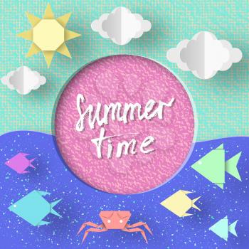 Summer Time. Paper Concept Origami Symbols and Objects with Text illustrate the Greeting of the Summertime. Fashion Background. Template for Banner, Card, Logo, Poster. Vector Illustrations Design.