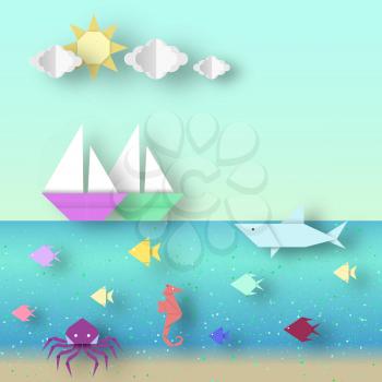 Paper landscape with ships and underwater life this image is a vector illustration.