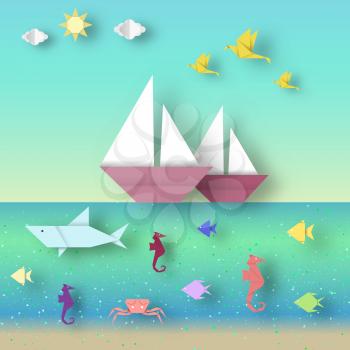 Ships and underwater life the clipart in the style of origami paper reveal with cut this image is a vector illustration.