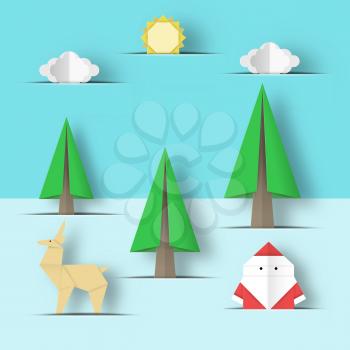 Cut Santa Claus, deer, tree in paper pockets origami Christmas nature scene. Childish abstract Xmas applique concept with cutout fragments for papercut templates. Vector Illustrations Art Design.
