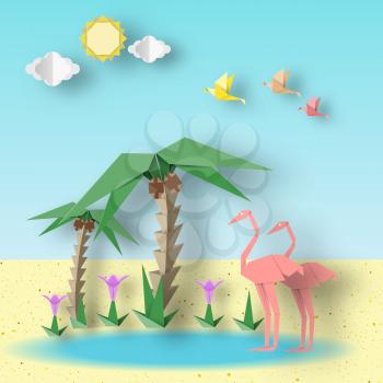 Summer Landscape Paper Origami Concept with Flamingo, Palm, Sun, Sky, Flower. Papercut Style and Cutout Trend. Summertime Scene with Symbols, Sign, Elements. Vector Illustrations Art Design.
