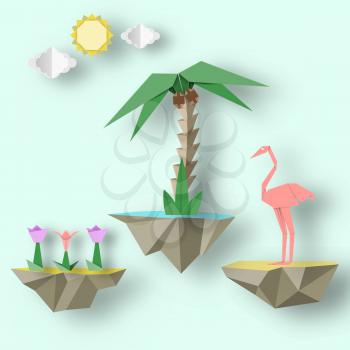 Artistic abstract paper origami concept with flying islands on which there are flamingo, palm, flowers. Trendy crafted background. Vector Illustrations Art Design.