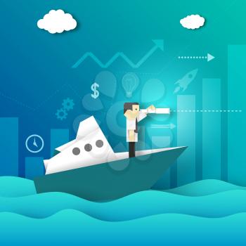 Paper Origami Businessman Looking for New Opportunities in the Telescope.The Ship Voyage on the Sea.  Business Concept. Cutout Template with Symbols, Icons. Vector Graphics Illustrations Art Design.