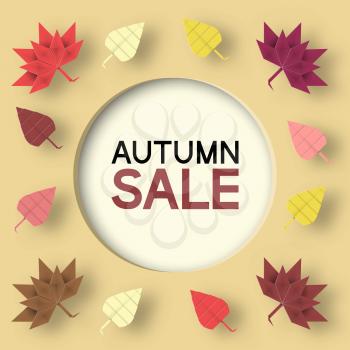 Paper Origami Autumn Sale Discount Card for Fall Offer. Papercut Style. Cutout Trend. Cut Elements with Typographic Text illustrate the Advertising Voucher. Vector Graphics Illustrations Art Design.