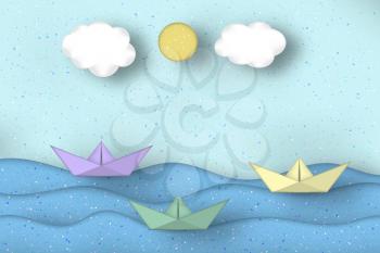 Applique Scene with Cut Boats, Clouds, Sun Style Paper Origami Concept. Modeling Seascape for Cards, Posters. Cutout Template with Elements, Symbols. Vector Illustrations Art Design.