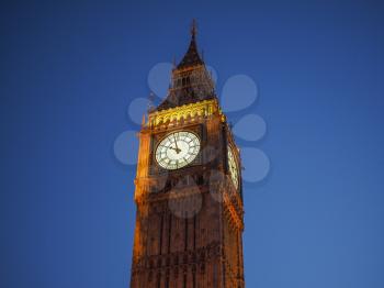 Big Ben at the Houses of Parliament aka Westminster Palace at night in London, UK